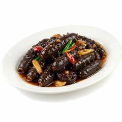 Fototapeta premium A plate of stir-fried scallops with sea cucumber on a white background.