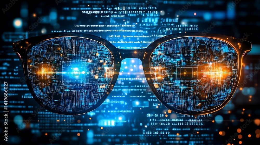 Poster futuristic sunglasses reflecting vibrant digital data streams and glowing lights in a tech-inspired 