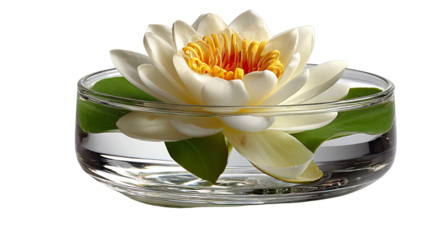 Serene Beauty: A pristine white water lily, its petals meticulously arranged, floats gracefully in a glass bowl of pure water. The delicate bloom, symbolizing purity, adds a touch of tranquility.