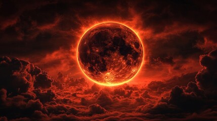 Fiery Red Moon in a Dark and Cloudy Sky