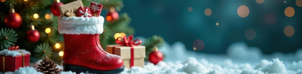 Full Santa boot filled with festive treats & greeting cards, close up , happy, stuffed