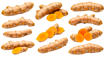 Fresh turmeric roots and slices arranged artistically, showcasing vibrant colors, ideal for culinary and health-focused content