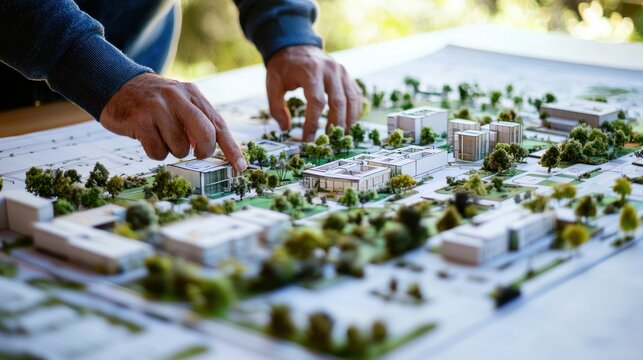A professional sustainability consultant reviewing an energy-efficient building blueprints.