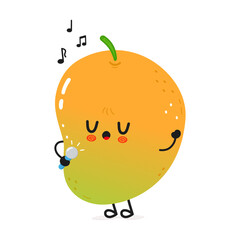Obraz premium A charming Mango character sings a song into a microphone with musical notes floating around it on a white background.