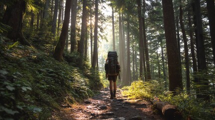 Hiker exploring sunlit forest trail on adventure.