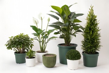 Fototapeta premium Assortment Of Potted Indoor Plants Displayed On A White Background For Decorative Purposes