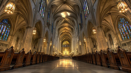 Fototapeta premium Grand Cathedral Interior With Stained Glass And Wooden Benches