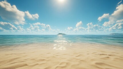 Sunny Tropical Beach Scene with Blue Ocean and Clouds