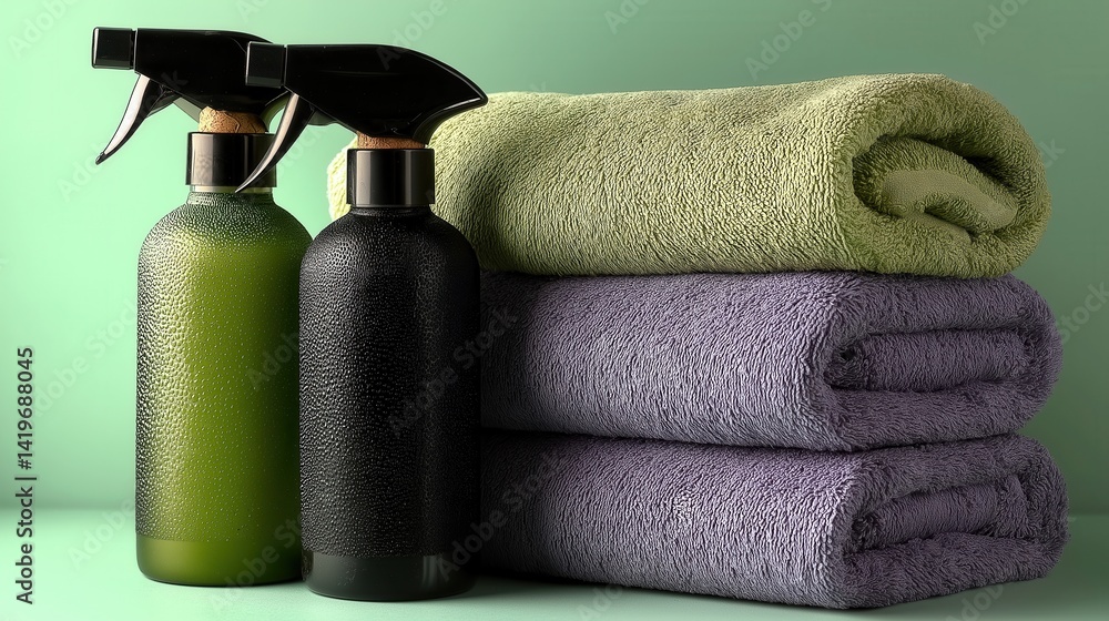 Poster two spray bottles next to neatly stacked towels on a soft backdrop, suggesting a clean and organized