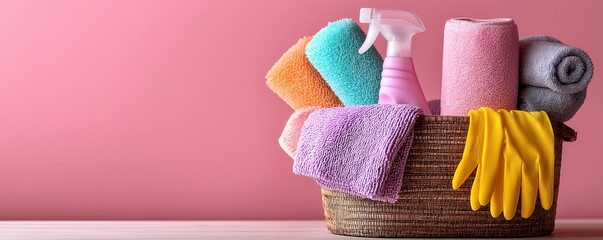 A basket filled with colorful cleaning supplies, including towels, a spray bottle, and gloves, against a pink background, ideal for home cleaning tasks.