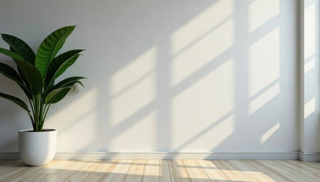 Modern grey home interior Grey design elements, wooden floor, plant , minimalist, poster, empty