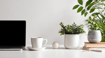 Fototapeta premium Minimalist workspace with plants and coffee cup.