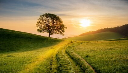 Obraz premium Rural landscape with a hill and a single tree at sunrise with warm light trails in the meadow leading to the golden sun
