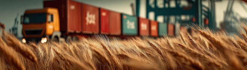 A truck delivers containers near golden wheat fields, showcasing the connection between agriculture and transportation in a vibrant industrial landscape.