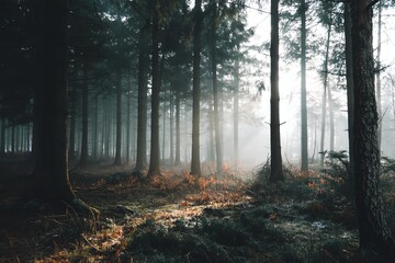 Misty forest with tall trees and soft light.