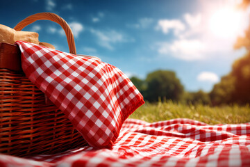 Red gingham picnic cloth and basket on grass under sunny sky