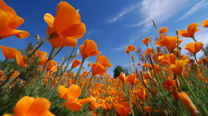 Obraz premium Vibrant field of blooming California poppies under clear blue sky