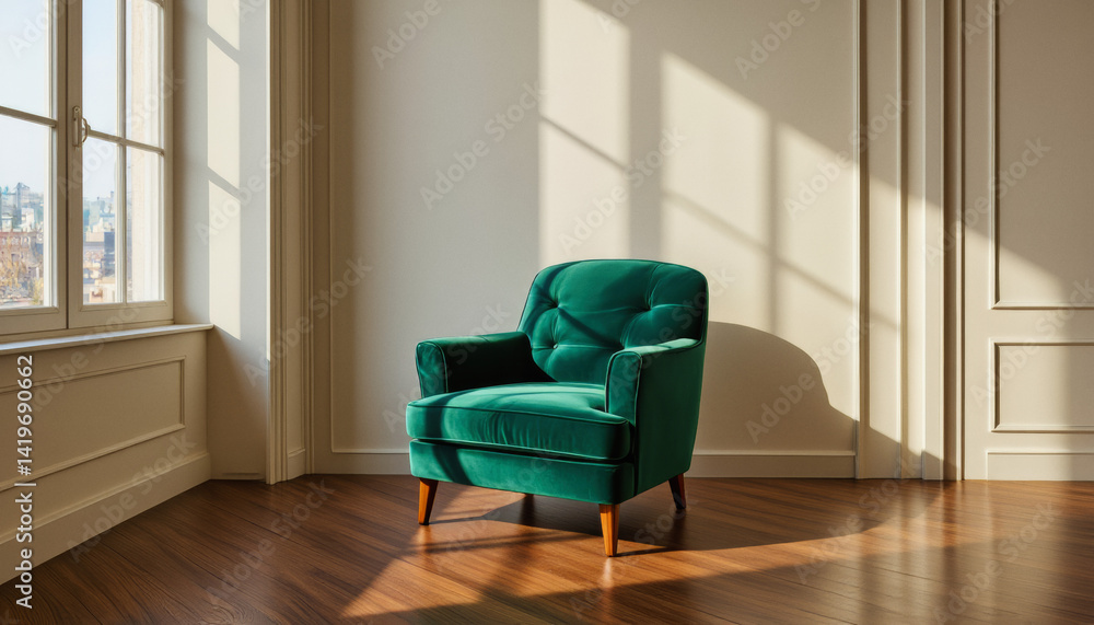 Poster modern interior design architecture photography: sunlight streams through a window, illuminating a p