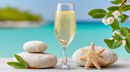 Tall Glass of Sparkling Wine on Light Wooden Surface with Beach in Background