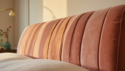 Modern interior design architecture photography: Soft, diffused sunlight illuminates a plush, velvet bedhead with vertical channel tufting, creating a warm and inviting bedroom ambiance.