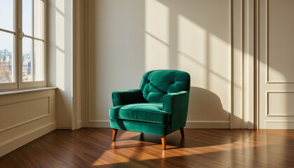 Modern interior design architecture photography: Sunlight streams through a window, illuminating a plush velvet armchair in a classic, elegantly styled room.