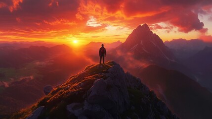 Fototapeta premium Hiker Silhouetted Against Vibrant Sunset Over Mountains