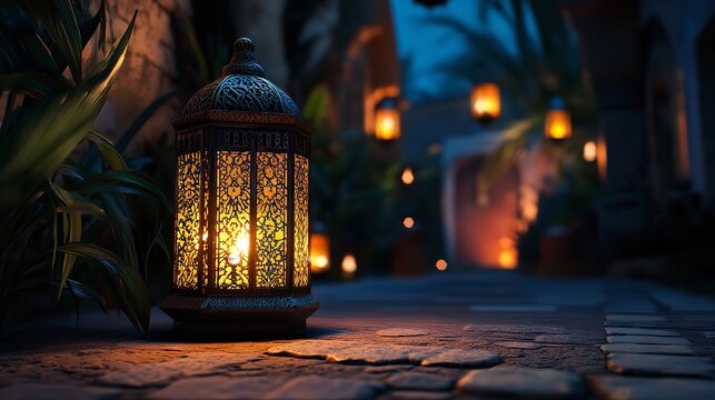 Ramadan lantern glowing light decoration islamic arabesque background eid mubarak kareem celebration night scene