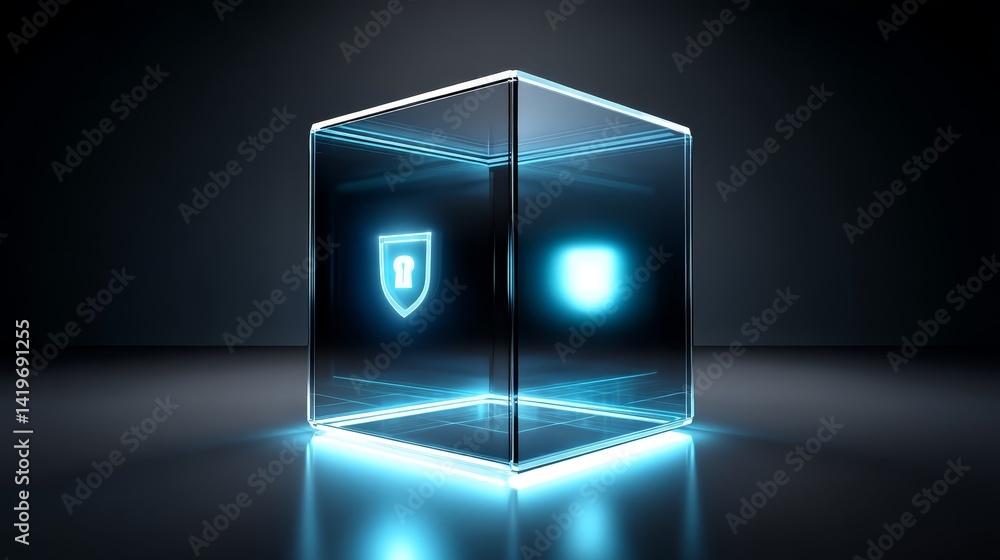 Poster 3d render of a transparent glass cube with shield icon, representing security and protection