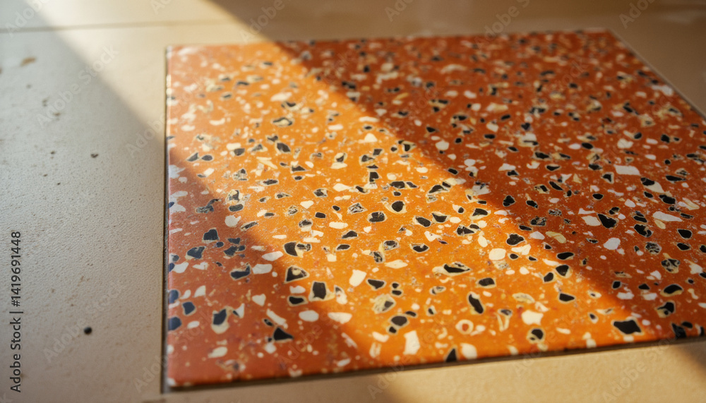 Poster modern interior design architecture photography: sunlight illuminates a square terracotta tile with 