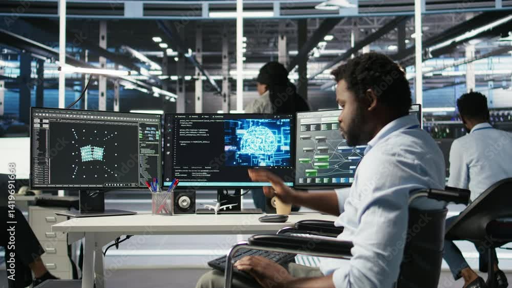 Poster overworked man in wheelchair upset by error warning popup while looking at server hub ai analytics m
