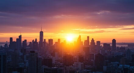 Fototapeta premium Vibrant City Skyline Sunset with Orange and Purple Hues