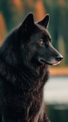 Striking profile of a black wolf with piercing amber eyes, set against a blurred, warm-toned background. A captivating and intense wildlife portrait