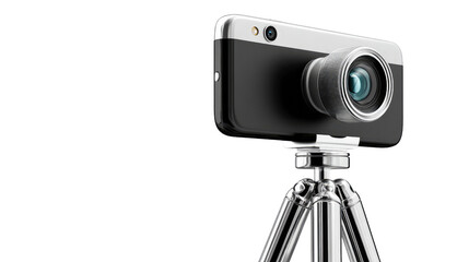 Smartphone on Tripod: A smartphone equipped with a large lens is mounted on a sleek tripod, ready for professional-level photography or videography.