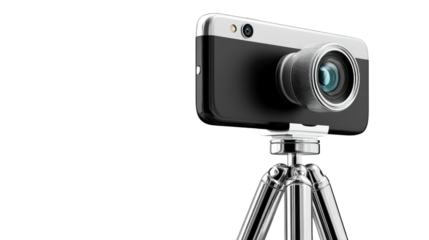 Smartphone on Tripod: A smartphone equipped with a large lens is mounted on a sleek tripod, ready for professional-level photography or videography.