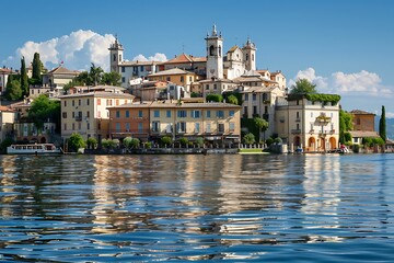 Obraz premium Scenic Lakeside Village with Historic Buildings and Mirroring Water Under a Bright Blue Sky