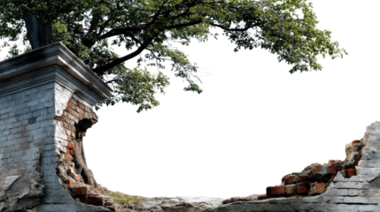 Nature's Reclamation: A weathered brick wall, once sturdy, succumbs to the relentless embrace of time and nature as a resilient tree takes root within its embrace. 