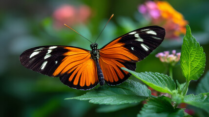 Fototapeta premium Orange and black butterfly resting on green leaves, vibrant and colorful