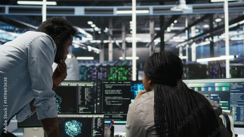 Poster data center manager supervising worker deploying ai solutions optimizing equipment. server farm supe