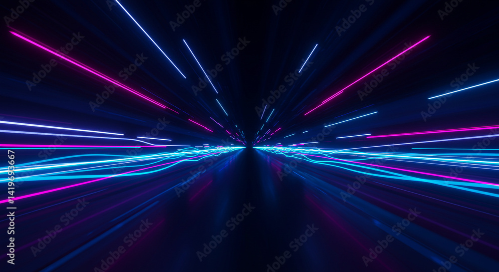Poster abstract neon lights creating a futuristic tunnel effect with pink and blue glowing lines on dark ba