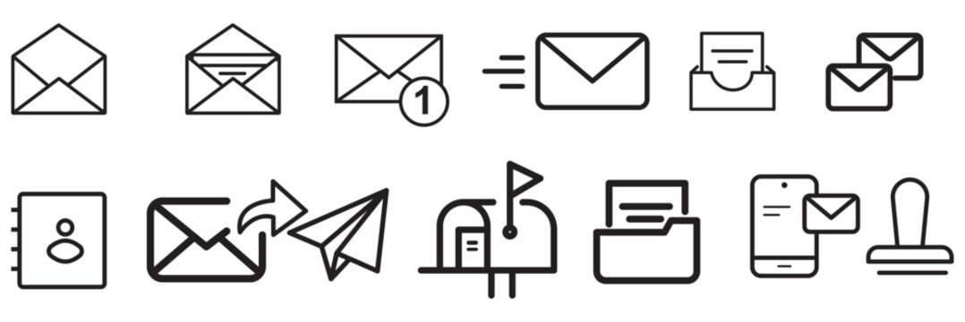 E-mail and Letter line icon set. Set of 30 outline icons related to mail, email, postal letter and others. Vector illustration. Linear icon collection. Email outline icon collection. Editable stroke