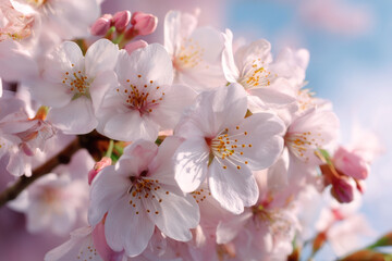 Fototapeta premium Delicate sakura flowers with pale pink petals in full bloom