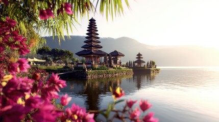 Obraz premium Balinese temple on lake edge with tropical plants and vibrant flowers over calm water, early golden light