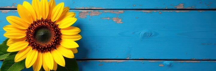 Obraz premium Close-up of sunflower head on aged, blue-painted planks , aged, vibrant