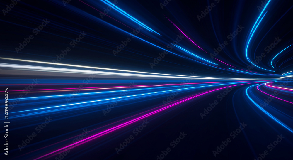 Poster abstract light trails in motion with blue and pink hues creating a futuristic tunnel effect view
