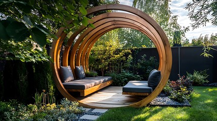 Modern Garden Lounge with Wooden Circular Structure and Cozy Seating Under Blue Sky