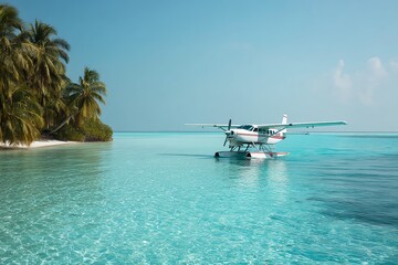 Seaplane landing in serene turquoise waters.