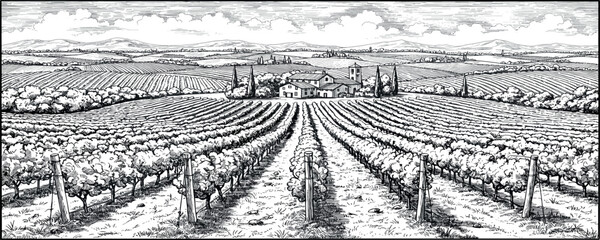 Fototapeta premium Hand draw vineyard tuscany landscape farm field in monochrome sketch style.