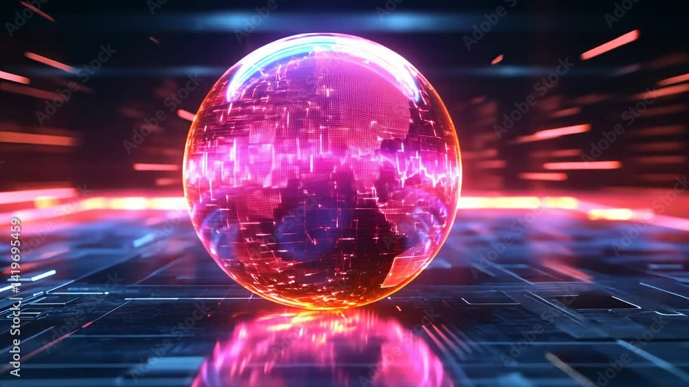 Aufkleber glowing red and blue sphere floating over circuit board with digital data and light effects
