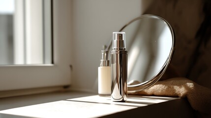 Skincare products by the window, soft lighting.
