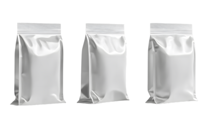 Three identical, empty, glossy white packaging bags arranged in a row on a plain background, ideal for product display or mockups
